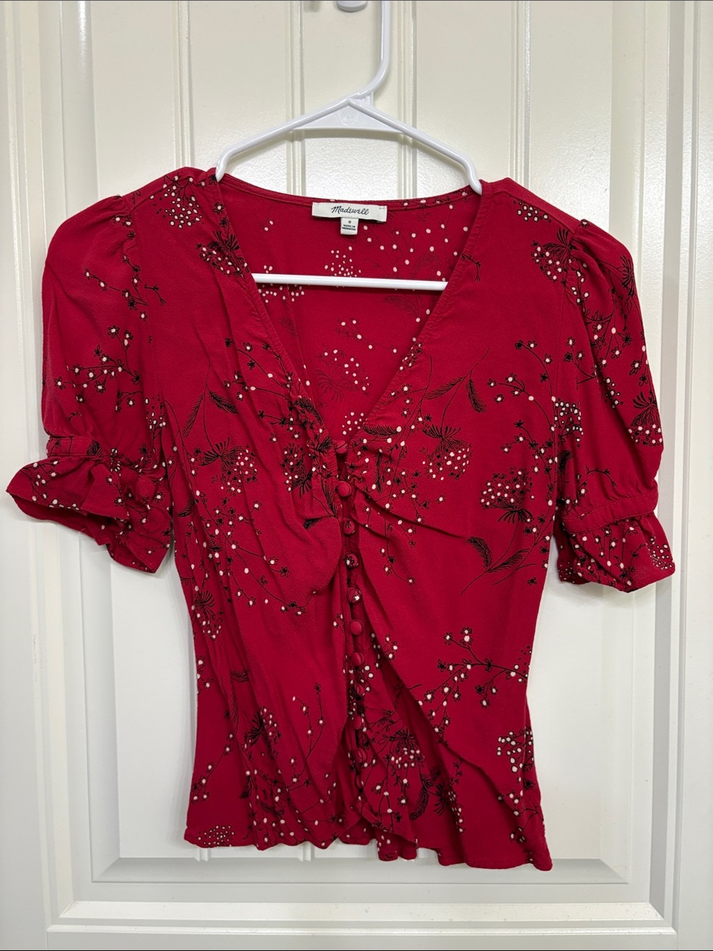 Madewell Redβ Floral Button-Front Puff Sleeve Top